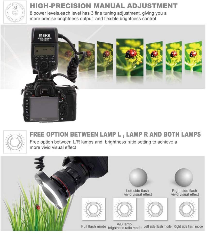Flash Annulaire Macro Meike MK-14EXT E-TTL - Pour Canon, Avec Lampes LED, Guide 14/16, 7 Bagues D'adaptation